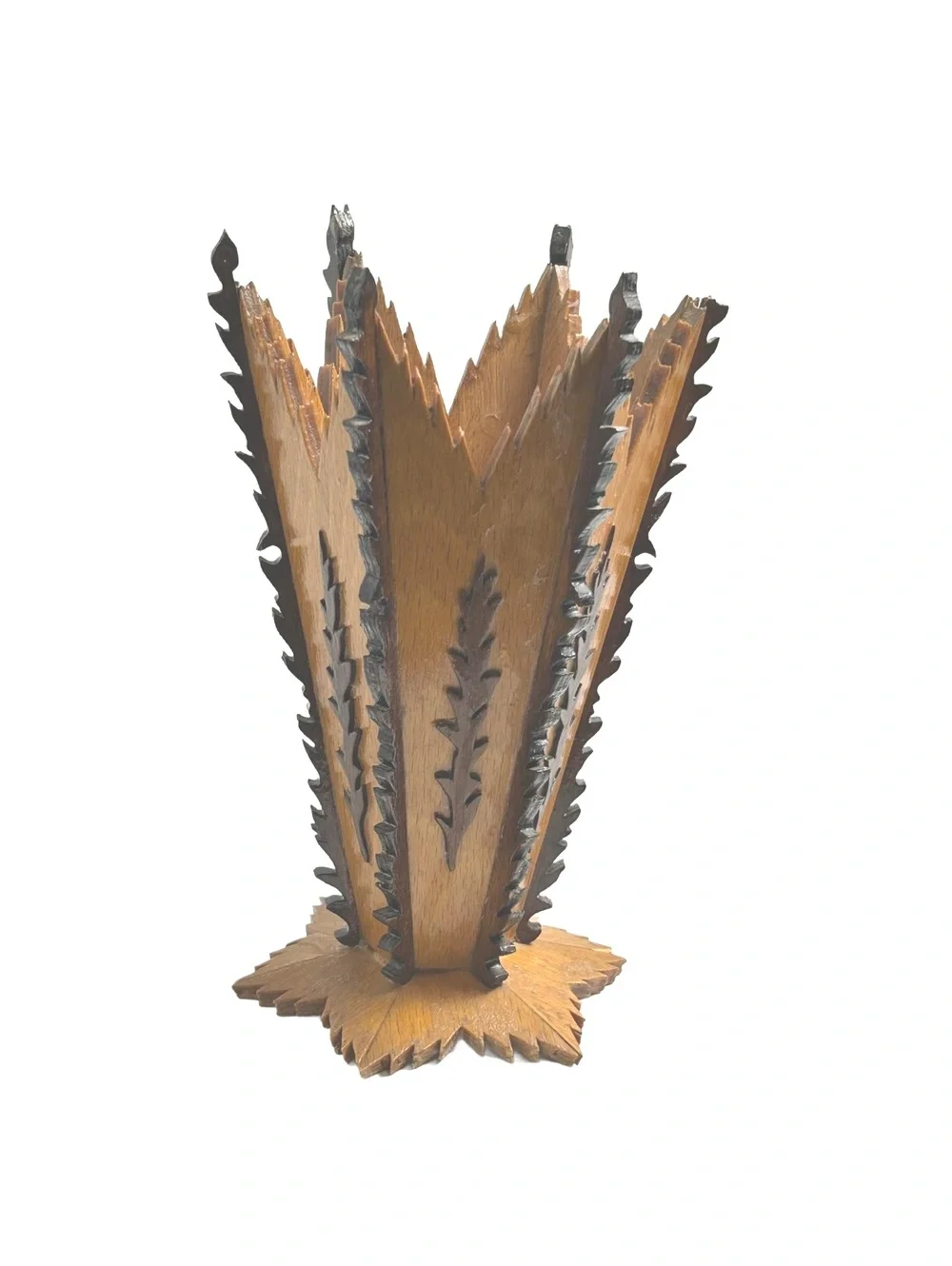 Vintage Hand-Carved Wooden Vase with Intricate Leaf Detailing